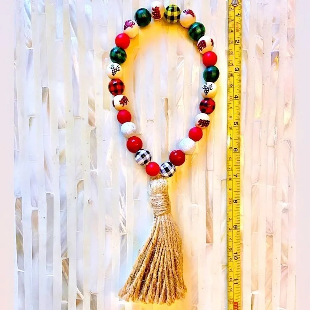 NEW Wood Bead Garland with Plaid Tassels